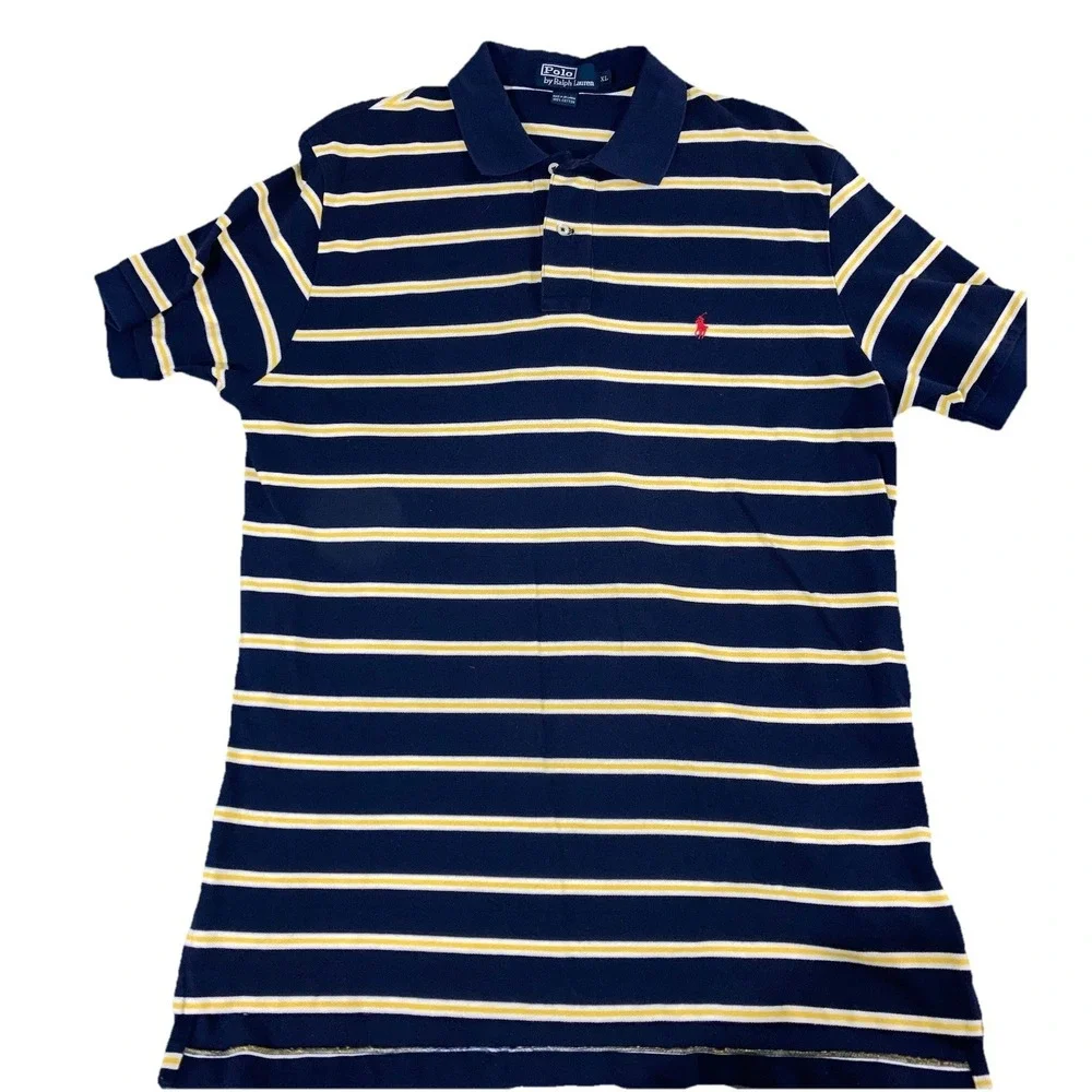 Polo Ralph Lauren Polo Shirt Mens XL Navy Yellow Stripe Pony Logo Classic Fit